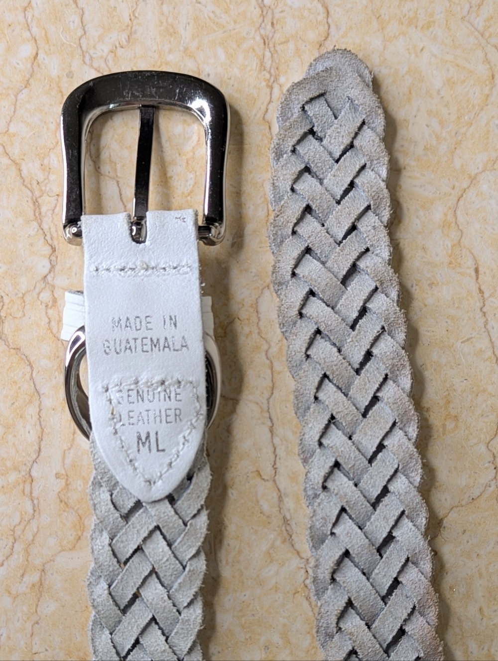 Vintage Genuine Leather White Woven Belt Silver Tone Buckle Size M/L - Picture 3 of 13